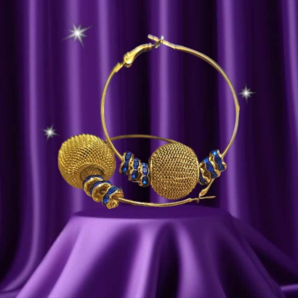 Gold Plated Handcrafted Ball Drop Hoops & Sapphire Imitation Crystal. - Picture 4 of 5
